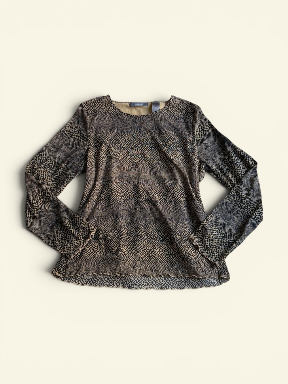 Liz Claiborne Vintage Y2K Snakeskin Mesh Top XL Tan Black Lettuce Trim Lined